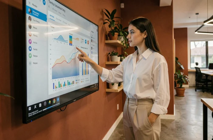 Femme interagissant avec un écran tactile géant affichant des données technologiques dans un espace de coworking contemporain