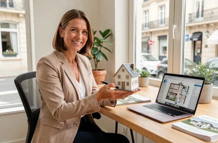 Immobilienmaklerin, die ein Modell eines neuen Hauses in einer modernen Immobilienagentur in Frankreich präsentiert