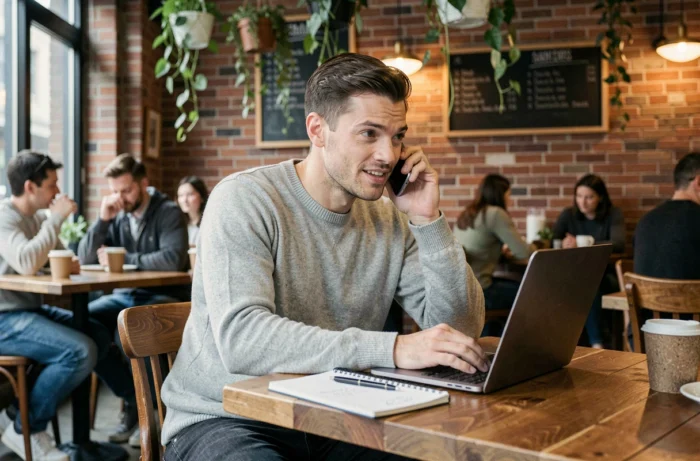 Een jonge man in een grijze trui doet een telefoontje in een café om hulp te vragen bij zijn zoektocht naar werk