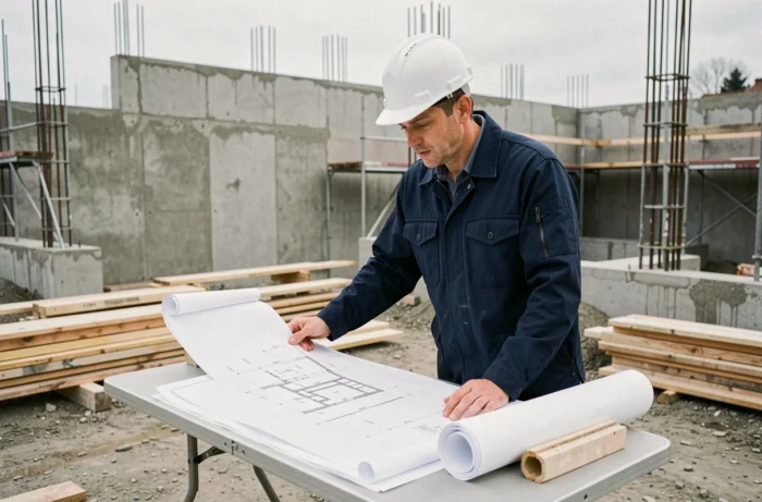 Architecte en casque blanc examinant des plans de construction sur un chantier de maison neuve en France