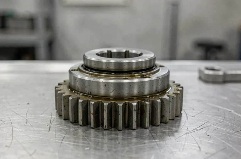 Gros plan sur un mécanisme de boîte à crabots avec ses dents d'engagement en acier usiné, posé sur un établi d'atelier