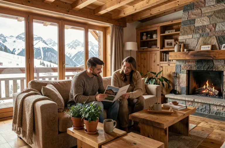 Couple choisissant un appartement de vacances aux Menuires dans un salon alpin en bois avec vue sur les pistes enneigées