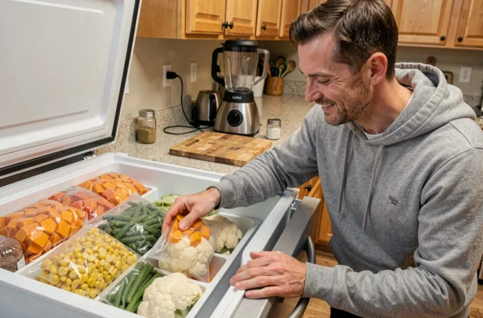 Man choosing frozen vegetables from a freezer drawer to prepare soup with a heated blender