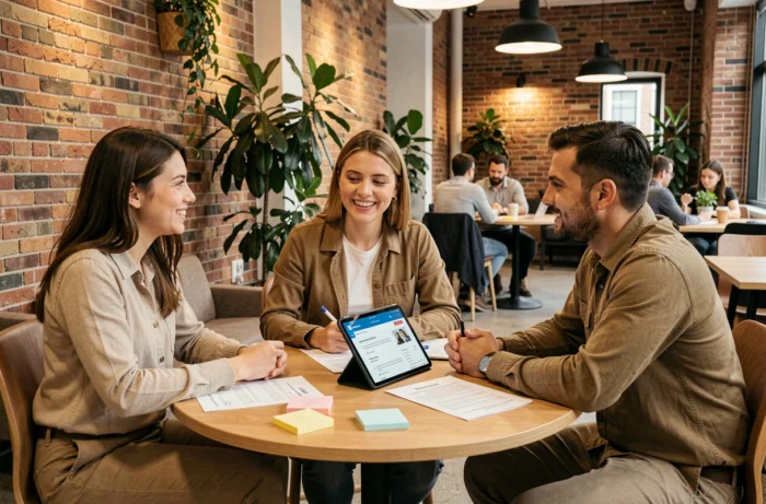 Group of professionals participating in a career coaching workshop in a modern coworking space