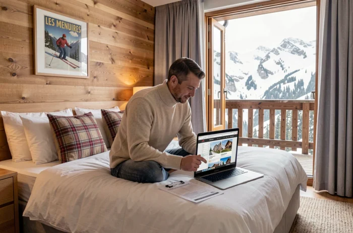 Homme comparant des appartements de vacances aux Menuires Croisette sur un ordinateur portable dans une chambre chalet moderne avec vue sur les montagnes