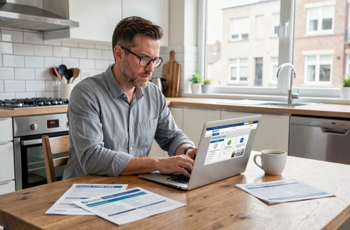 Homem comparando ofertas de seguro e serviços bancários online de sua casa