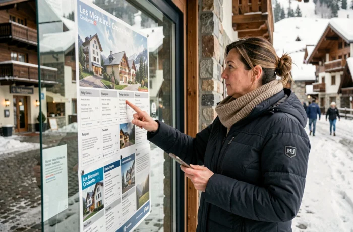 Femme consultant des annonces d'appartements de vacances aux Menuires devant une agence immobilière dans un village de montagne enneigé