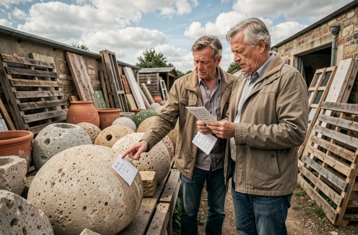 Couple searching for large decorative stones at a salvage fair