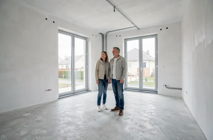 Paar, das das Innere eines neu gebauten Hauses in einem französischen Wohngebiet besichtigt