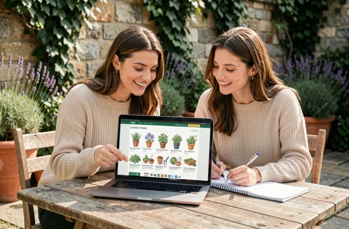 Two women discovering together the gardening guides from the Le Jardin d'Émilie site on a flower-filled terrace