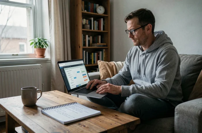 Web developer working on the architecture of a sitemap from his home office
