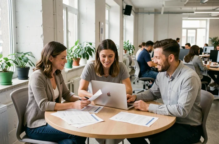 Een groep van drie professionals werkt samen aan een tafel in een coworkingruimte om elkaar te helpen bij het zoeken naar werk