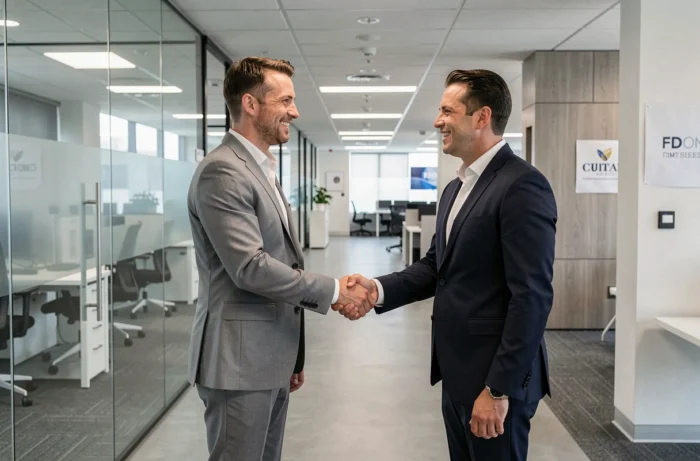 Candidate in a suit shaking hands with a recruiter after a successful job interview in a company