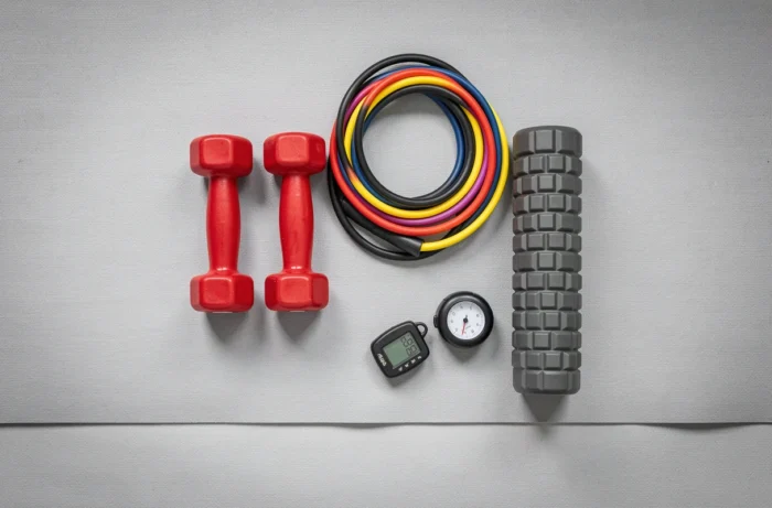 Aerial view of a set of home fitness equipment neatly organized on a workout mat
