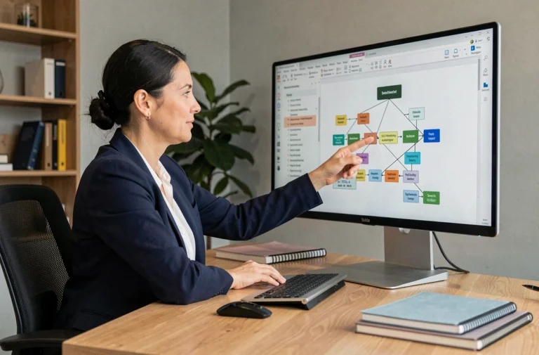 Femme professionnelle analysant un sitemap XML sur un écran d'ordinateur dans un bureau moderne