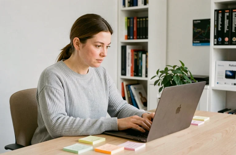 Femme développeuse tapant du code sur un ordinateur portable dans un bureau minimaliste moderne