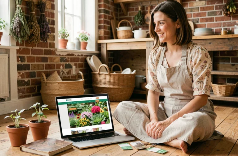 Femme explorant le site Le Jardin d'Émilie sur un ordinateur portable entourée de plantes et d'accessoires de jardinage