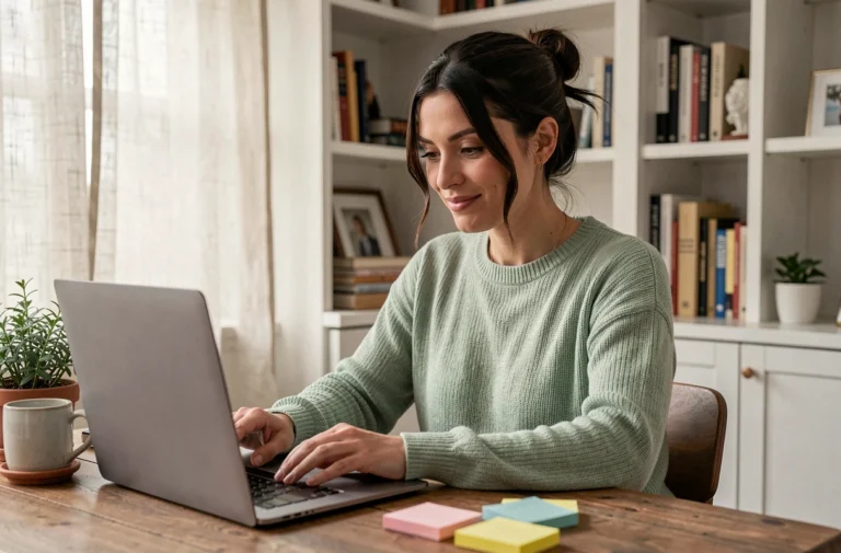 Femme naviguant sur le plan du site d'un blog parental depuis un bureau en bois dans un espace de travail cosy à domicile