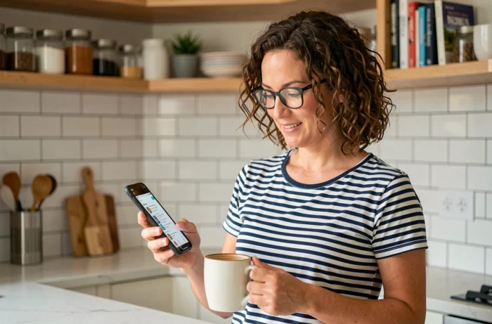Femme parcourant le plan du site d'un blog de maternité sur smartphone dans une cuisine moderne et lumineuse