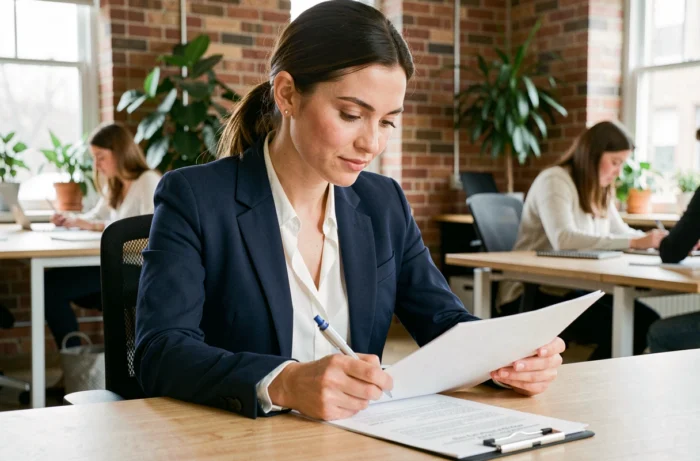 Femme professionnelle révisant son CV dans un espace de coworking pour optimiser sa candidature sur un site d'emploi