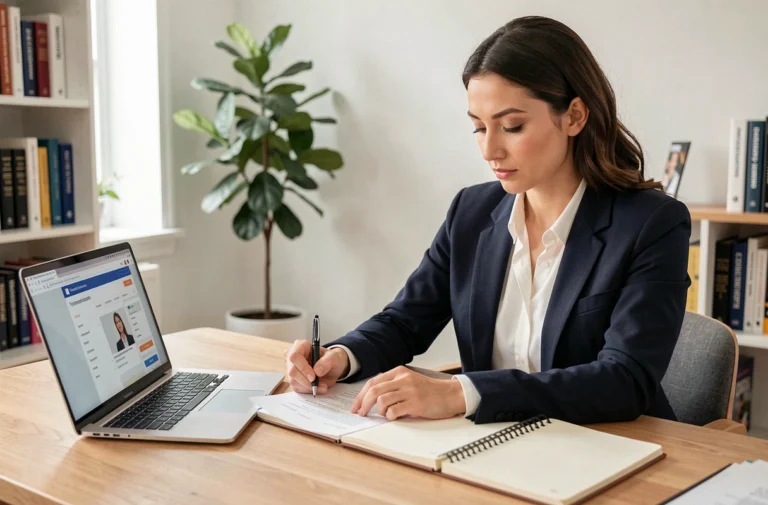Femme professionnelle révisant son CV à un bureau moderne lors d'une recherche d'emploi active