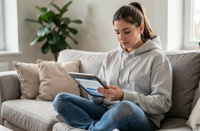Young woman checking the update of a web address on a tablet in her living room