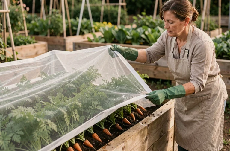 Jardinière soulevant un filet anti-insectes blanc au-dessus d'un rang de carottes dans un potager