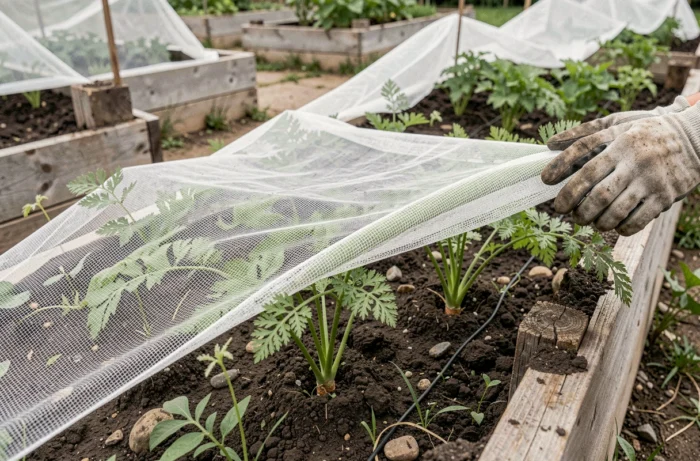 Weißes Insektenschutznetz, das junge Karottenpflanzen in einem Gemüsegarten während der Saison abdeckt