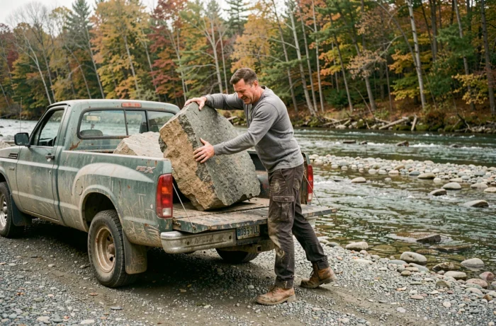 Man loading a large flat stone into a truck by a river