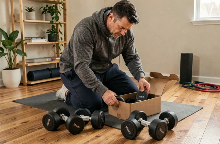 Man comparing home fitness equipment to choose suitable dumbbells
