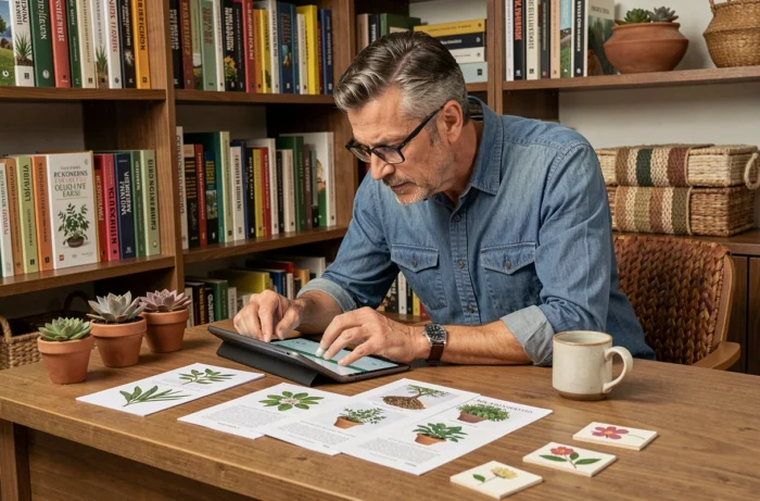 Man consulting botanical resources online on a tablet in an office decorated with plants and nature books