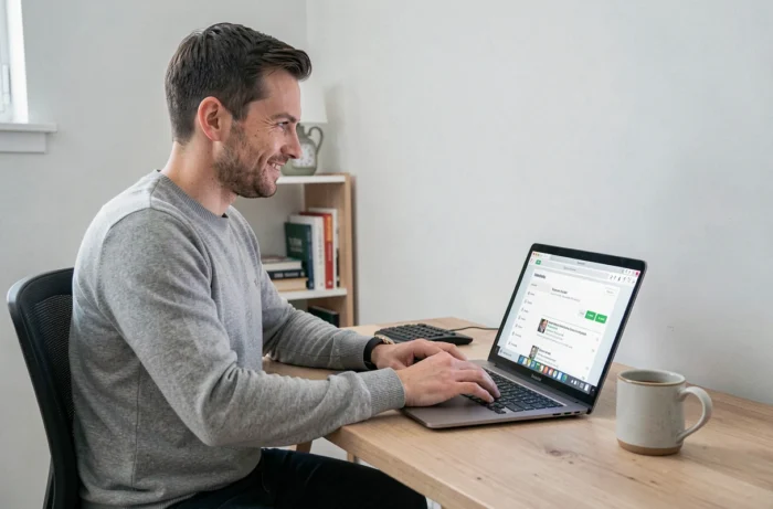 Jeune homme consultant des offres d'emploi sur un ordinateur portable depuis son bureau à domicile