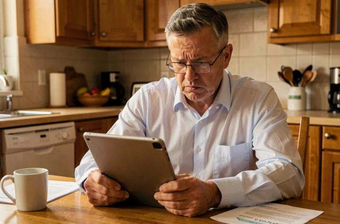 Middle-aged digital immigrant learning to use a tablet with concentration and difficulty in his kitchen