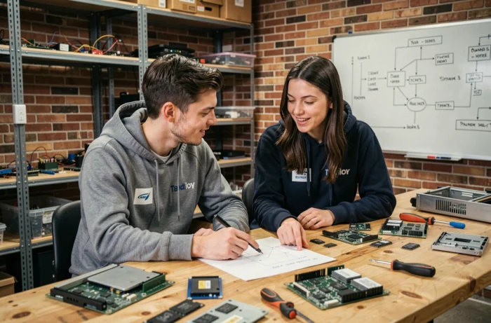 Deux jeunes ingénieurs collaborant sur des composants informatiques dans un atelier maker-space