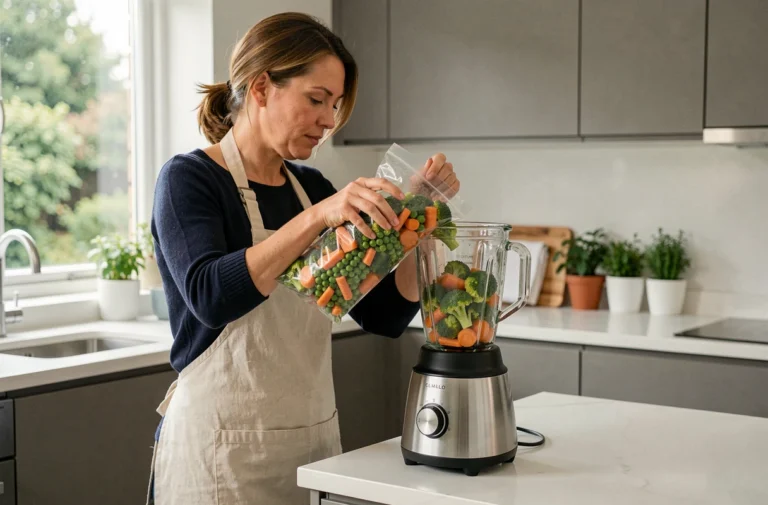 Femme versant des légumes surgelés dans un blender chauffant pour préparer une soupe maison