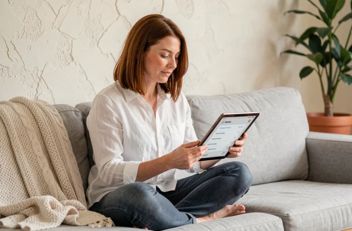 Mère de famille consultant le plan de navigation d'un site blog sur une tablette depuis son salon confortable