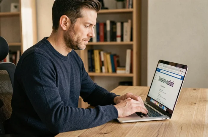 Homme utilisant un ordinateur portable pour accéder à une nouvelle adresse de site de streaming en ligne
