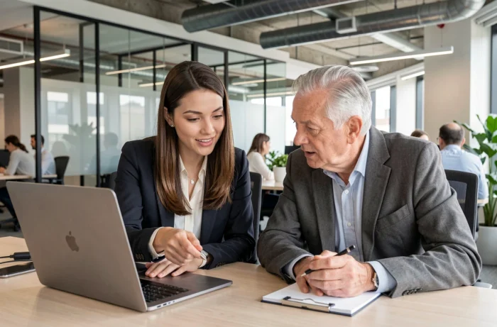 Young digital native patiently explaining technology to a senior digital immigrant colleague in a modern office