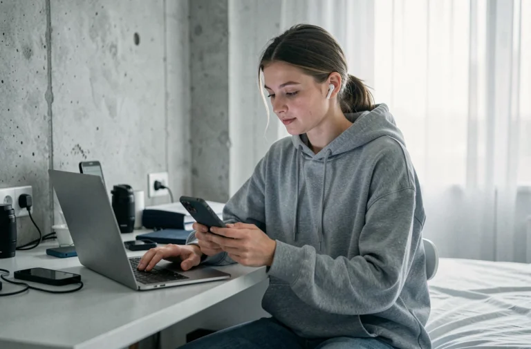 Adolescente natif numérique utilisant naturellement plusieurs appareils technologiques en même temps dans sa chambre moderne