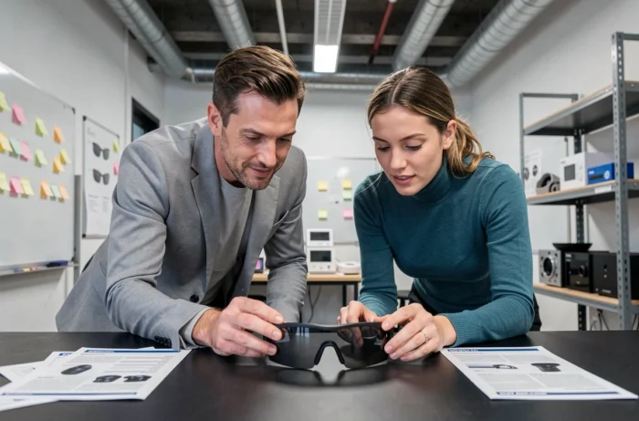 Deux professionnels de la tech examinant des lunettes de réalité augmentée dans un studio de développement produit en 2024