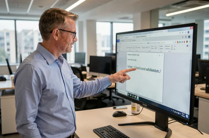 Professional in an office showing a URL update on a large computer screen