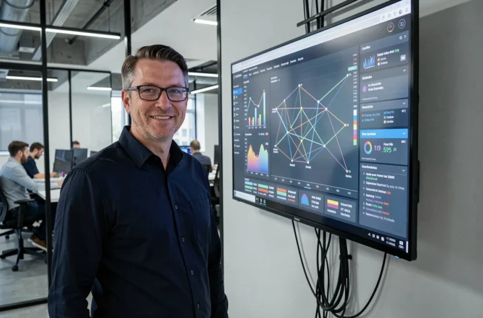 Professionnel informatique analysant un tableau de bord de données sur grand écran dans un open space technologique