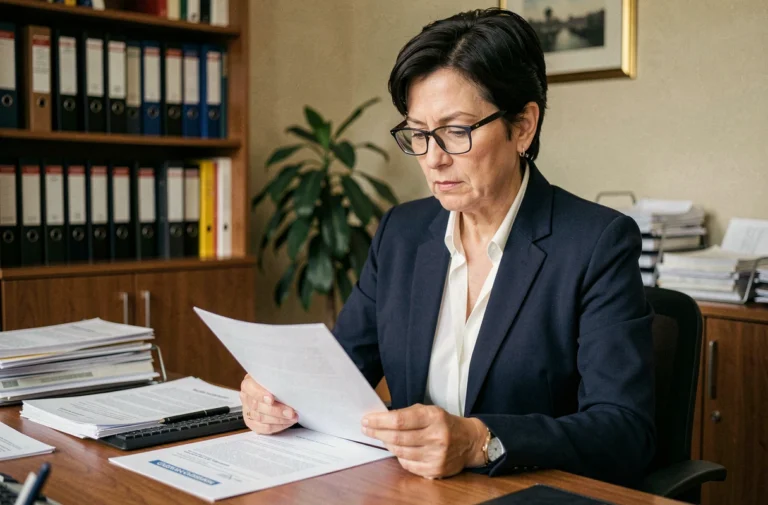Femme professionnelle analysant les documents de la réforme de la sécurité sociale 2024 dans un bureau administratif