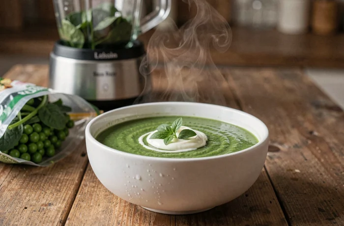 Bowl of soup made with blended frozen vegetables, creamy texture and fresh herbs