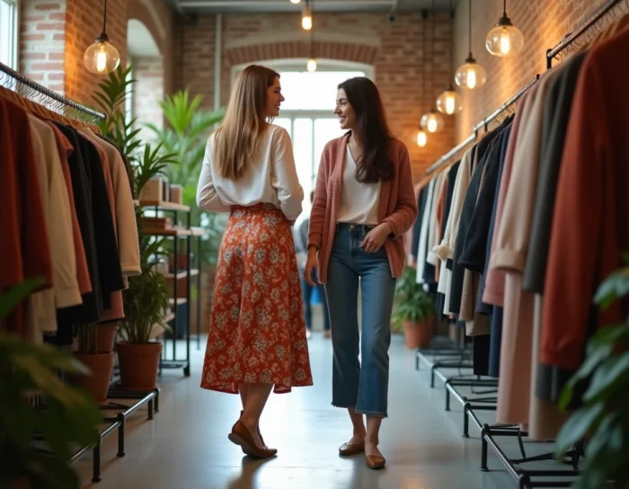 Deux amies découvrant des vêtements tendance dans un concept store au décor minimaliste avec briques apparentes et plantes vertes
