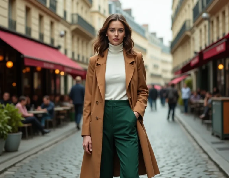 Femme élégante portant un blazer camel oversize et un pantalon large vert forêt dans une rue pavée parisienne, style tendance automne-hiver