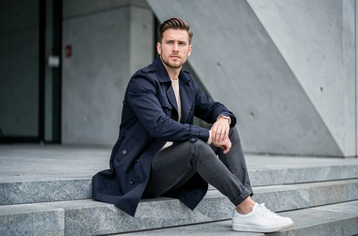 Homme en trench-coat marine structuré et pull en laine crème assis sur des marches en béton, look tendance mode masculine urbaine