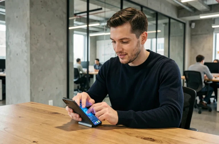 Homme utilisant un smartphone pliable dans un bureau tech moderne en 2024, illustrant les dernières tendances technologiques