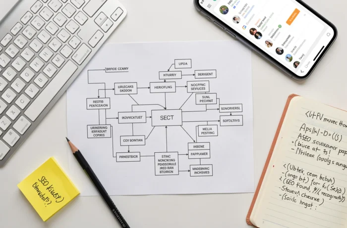 Aerial view of an office with a printed sitemap diagram surrounded by SEO tools and notes